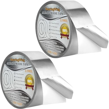 2PCS Premium Aluminum Foil Tape, Silver Metal Duct Tapes (2" x65Feet,3.9mil) with Adhesive Backing, High Temperature Heavy Duty Insulation Tape for Air Ductwork, Dryer Vents, HVAC, Sealing & Patching - size: 2-Pack