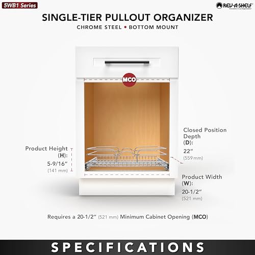 Rev-A-Shelf Kitchen Cabinet Pullout Shelf and Drawer Organizer Slide Out Pantry Storage Basket in Multiple Sizes, 21 x 22 In, 5WB1-2122CR-1 - size: 21" W X 22"d, style: Single Tier