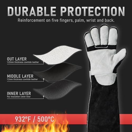 YESWELDER 23.6 Inches 932℉,Leather Forge MIG Welding Gloves, with Kevlar Stitching Heat/Fire Resistant, Palm Reinforcements, Forge,Grill, Fireplace Black-Gray - size: One Size Long, style: Reinforced Palms and Fingers Black White