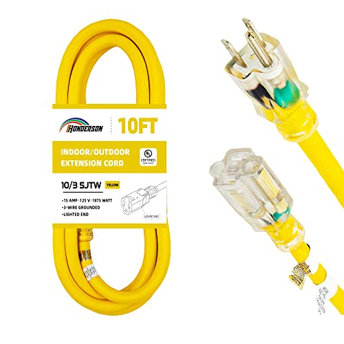 Indoor Outdoor Extension Cord Weatherproof with Lighted End, UL Certified, 10 Gauge 10FT Yellow 3 Prong Heavy Duty, 10/3 SJTW 15A Power Cord for Outdoor Lights, Lawn - size: 10FT, style: 10/3