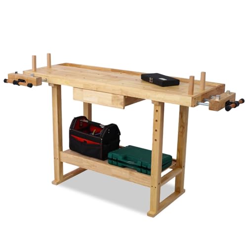55" Rubber Wood Workbench, Heavy Duty Work Bench with Drawer& Shelf, Work Bench Table for Garage, Workshop, Home Storage, Woodworking Bench, 330 lbs Weight Capacity (55 Natural) - size: 55 Natural