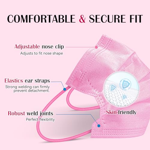 Disposable Face Mask For Adults - Travel Essentials, 100 Pack Individually Wrapped, 4 Ply Protection,Safety Masks Disposable - color: Pink