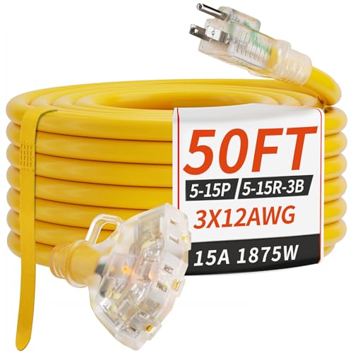 PlugSaf 50 FT 12/3 Gauge Outdoor Extension Cord with Multiple Outlets Light Indicator, Flexible 3 Outlet Weatherproof Heavy Duty Extension Cord Waterproof Yellow, 15A 1875W 12AWG SJTW, ETL Listed - size: 50FT