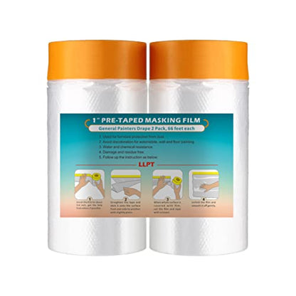 LLPT Tape and Drape 35.4”(Unfolded) x 66 Ft Each 2 Pack Pre-Taped Masking Film 0.27 Mil Painters Plastic Drop Cloth for Auto Wall Furniture Painting Protection (MFT902) - size: 35.4 Inch x 66 Ft