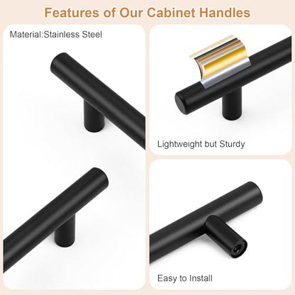 Probrico 5 Pack Holes Spacing (76mm) 3inch Black Kitchen Cabinet Handles Stainless Steel Matte Black Cabinet Pulls Round T-Shaped Pull Handle for Cabinets and Drawers Total Length 5inch(127mm) - color: Black, size: Hole Centers: 3"