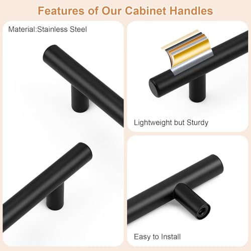 Probrico 5 Pack Hole Centers 3inch Stainless Steel Kitchen Cabinet Pulls,Flat Black Dresser Drawer Handles, 5inch Length Euro T Bar Pull Handle for Home Furnitures - size: Center to Center: 3 Inch