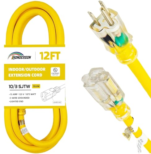 Indoor Outdoor Extension Cord Weatherproof with Lighted End, UL Certified, 10 Gauge 12FT Yellow 3 Prong Heavy Duty, 10/3 SJTW 15A Power Cord for Outdoor Lights, Lawn - size: 12FT, style: 10/3