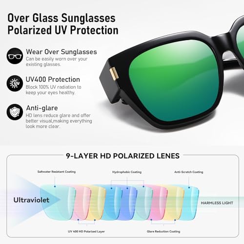 HAOLOTA Polarized Fit Over Glasses Sunglasses for Women Men Trendy Square Wrap Around Shades UV Protection - color: L Size 19 Black/Green