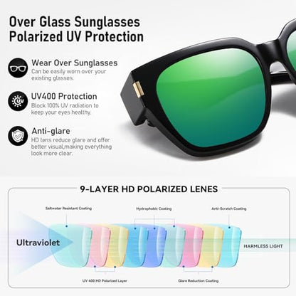 HAOLOTA Polarized Fit Over Glasses Sunglasses for Women Men Trendy Square Wrap Around Shades UV Protection - color: L Size 19 Black/Green