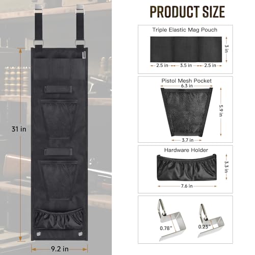 Gun Safe Door Organizer,Handgun Hanger with Elastic Triple Mag Pouch and Mesh Organizer Pockets,Gun Safe Accessories Gun Cabinet Storage,Easy to Install 9.2W*32H Inch