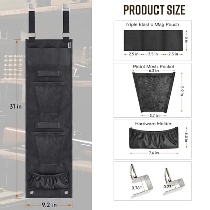 Gun Safe Door Organizer,Handgun Hanger with Elastic Triple Mag Pouch and Mesh Organizer Pockets,Gun Safe Accessories Gun Cabinet Storage,Easy to Install 9.2W*32H Inch