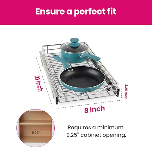 HOLDN’ STORAGE Pull Out Cabinet Organizer, Heavy Duty Caddy w/Lifetime Limited Warranty - 8”W x 21”D - Requires At Least 9-1/4” Cabinet Opening, Steel Metal Cabinet Drawers Slide Out, Chrome - size: 8"W x 21"D