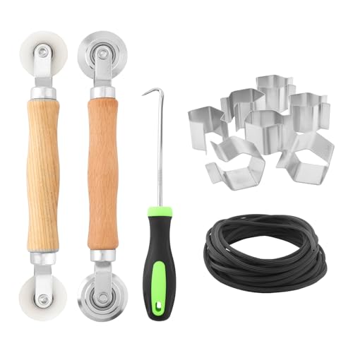 Window Screen Repair Kit, Steel/Nylon Roller Tool with Bearing+8pcs Screen Clips+32ft Screen Spline+Spline Removal Hook, 5 in 1 Screen Roller Tool Kit for Installing Door Mesh Screens - size: 5 in 1