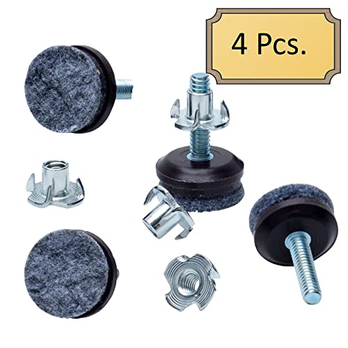 Medium Duty Felt Furniture Levelers - 1/4" Threaded Shank w/T-Nuts - Brown Plastic w/Grey High Density Felt - 400 Lb. Total Capacity - Adjusts from 0" to 3/4" - Set of 4