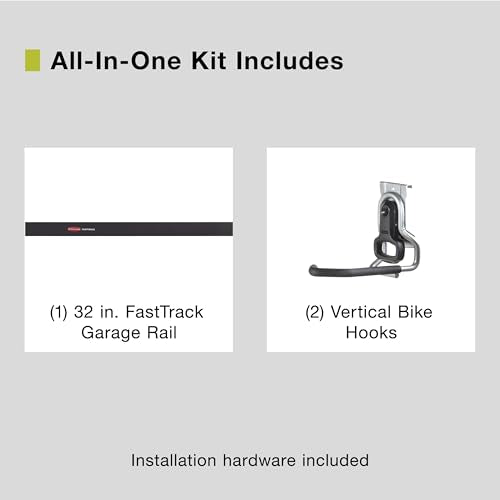 Rubbermaid FastTrack Garage Storage Bike Storage Kit, 3 Piece, All in One Rail Hook Kit Organizer, Heavy Duty Organization for Home/Garage/Wall/Shed - size: 1 Rail, 2 Hooks