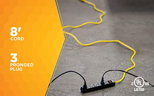 Woods 4666 Grounded 6-Outlet Workshop Power Strip, Black, with 8-Foot Yellow Cord,