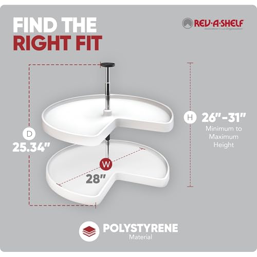Rev-A-Shelf 2 Tier Kidney Cut Lazy Susan for Corner Base Cabinets, Plastic, 28" Double Shelf Swivel Kitchen Spice/Can Organizer, White, 3472-28-11-52 - size: 28 inch