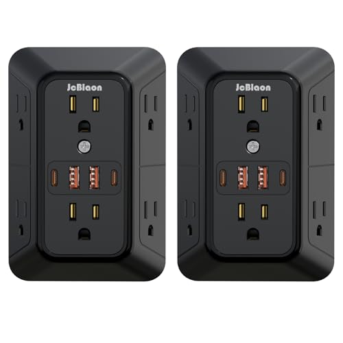 2 Pack Multi Plug Wall Outlet Extender Surge Protector 6 AC Outlet Splitter with 4 USB Ports(2 USB C) Wall Charger 1050J Power Strip 125V/15A, 1875W for Home, Office, Travel Dorm Room Essentials - color: Black 2PCS