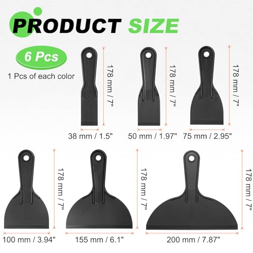 HARFINGTON 6pcs Putty Scraper Set Plastic Flexible Putty Knives Disposable Paint Spreader Cleaner Tool for Spackling, Patching Painting Repairing, Black - color: Black