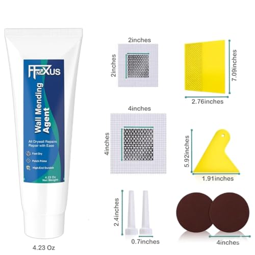 Drywall Repair Kit – 2 × 4.23 oz Fast Dry Putty Tubes with 2×2″ & 4×4″ Wall Patch Mesh, Dual Scrapers & 2 Sandpapers | Quick-Dry Spackle & Sheetrock Crack Filler for Wall, Ceiling & Plaster Repair - color: 2 Tubes & 3 Wall Patches