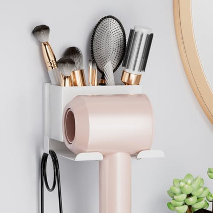 Hair Dryer Holder Wall Mounted, Hair Tools Organizer, Bathroom Space-Saving Blow Dryer Organizer Curling Irons Storage Hair Dryer Comb Attachments White (Self-Adhesive and Drilling) - color: White