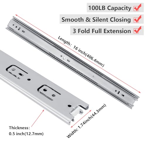 homdiy Side Mount 3 Fold Full Extension Drawer Slides 16 Inch 1 Pair Solid Ball Bearing Cabinet Tracks Heavy Duty Drawer Rails 100 LB Capacity for Kitchen Cabinet Dresser Replacement - size: 16 Inch