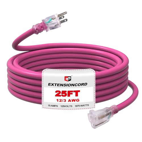 EP 25 Ft Outdoor Extension Cord, 12/3 SJTW Heavy Duty Waterproof Power Cable, 3 Prong Grounded Plug, Lighted End, for Lawn, Garden, Appliances, Pink - color: Pink, size: 25ft