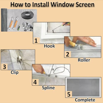 King&Charles Window Screen Door Repair/Replacement Kit, Include Gray Screen Mesh 48"x118"+ 2 Roller+50Ft Spline+8Clips+Hook, 6 in 1 Window Mesh Kit, Steel/Nylon Bearing Roller - color: Gray, size: 48"×118" Kit
