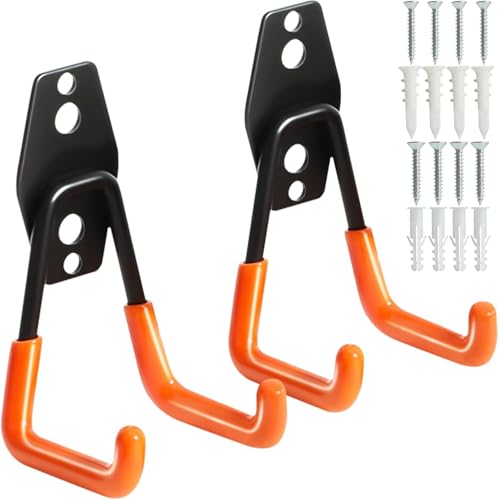 2 Pack Heavy Duty Wall Hook for Hanging, Garage Tool Organizer Wall Mount, Metal Garage Storage Hooks for Ladder, Extension, Garden Tool, Hose Holder for Outdoor and Indoors