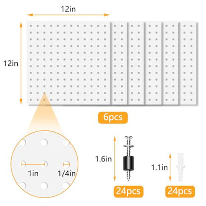 6Pcs Pegboard, Peg Board, Metal Pegboard Wall Organizer Panels Accessories, Mount Display Pegboard Kits for Walls Garage Craft Room Office Workshop, Easy Installation (White) - style: Metal pegboard-6pack
