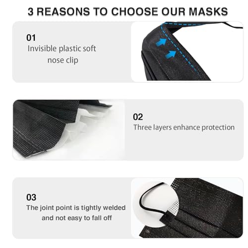DC-BEAUTIFUL 100 Pieces Black Disposable Face Masks, Non Woven 3ply Earloop Disposable Masks, Fit for Adults - color: Black