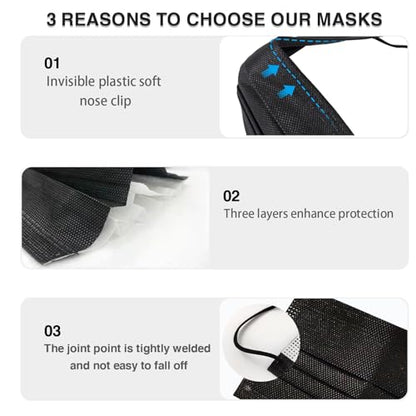 DC-BEAUTIFUL 100 Pieces Black Disposable Face Masks, Non Woven 3ply Earloop Disposable Masks, Fit for Adults - color: Black