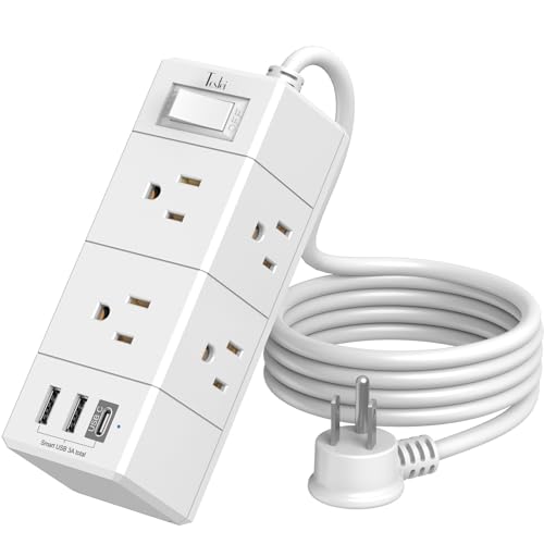 5Ft Outlet Extender Power Strip - Tcstei Flat Plug Extension Cord with 6 Outlets and 3 USB Ports(1 USB C), 3 Side Wall Mount Outlet Extender for Home Dorm Room Essentials, White - color: White, size: 5 Ft