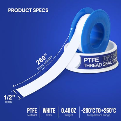 Supply Giant Plumbers PTFE Tape 1/2" W x 260" L 10 Rolls Pipe Thread Tape, High Density Thread Sealant Tape Water Seal Plumbing Tape for Shower Head, Pipes, Gas Lines, Leak Prevention - size: 260", style: Pack of 10