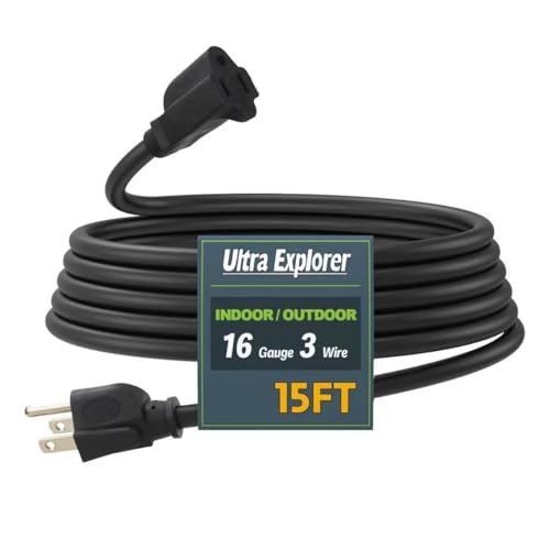 15 Ft Indoor Outdoor Black Extension Cord, 16/3 SJTW Heavy Duty Water-Resistant, 3 Prong Grounded Plug Power Cord for Home Appliance, Lights and Lawn, 13A 1625W, UL Listed - color: Black, size: 15', style: No Lighted