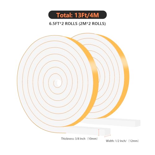 Weather Stripping Door Seal,Weather Stripping,Soundproof,Cold Insulation,High Density CR Foam Insulation Tape for Door,Windows (White, 1/2 in x 3/8 in x 13Ft) - size: 1/2 In x 3/8 In x 13 Ft
