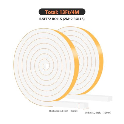 Weather Stripping Door Seal,Weather Stripping,Soundproof,Cold Insulation,High Density CR Foam Insulation Tape for Door,Windows (White, 1/2 in x 3/8 in x 13Ft) - size: 1/2 In x 3/8 In x 13 Ft
