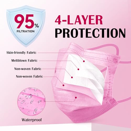 Disposable Face Mask For Adults - Travel Essentials, 100 Pack Individually Wrapped, 4 Ply Protection,Safety Masks Disposable - color: Pink