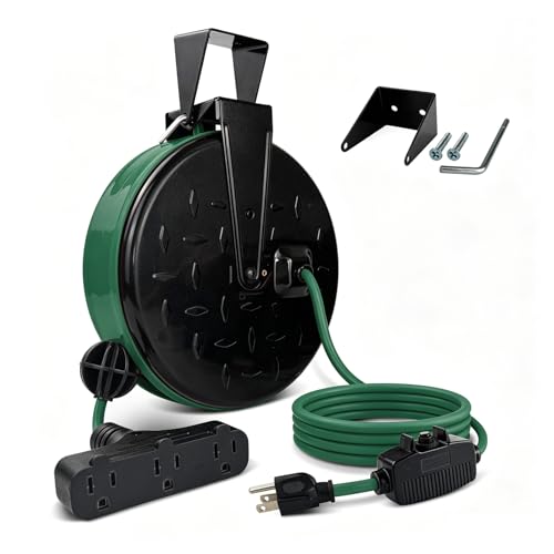 EP 30 Ft Retractable Extension Cord Reel, 16/3 SJTW Power Cord with 3 Electrical Outlets, Ceiling or Wall Mount, 10 Amp Circuit Breaker, Metal Plate, Green - color: Green&black