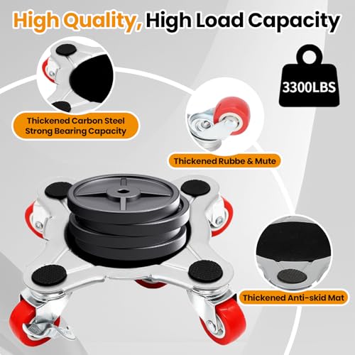 3300 lbs Load Capacity-Furniture Dolly, Carbon Steel Panel Furniture Movers with 5 Wheels, Locking 360° Swivel Rubber Casters, Furniture Lifter, Heavy Duty Furniture Sliders, Easily Move Furniture - color: Red Wheel