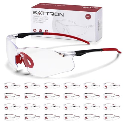 Clear Safety Glasses 24 Pack, Protective Eyewear UV Protection ANSI Z87.1, Safety Goggles Scratch & Impact Resistant, Eye Protection with Nose Pads for Men & Women Construction, Shooting, Lab Work - color: Clear Lens/Red Temples, style: 24 Pack