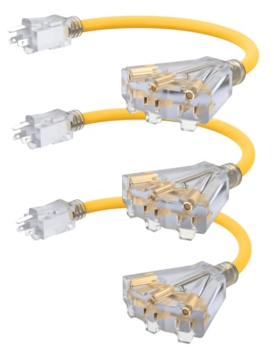 2FT 12 Gauge Outdoor Extension Cord with 3-Outlets, 3Pack, Heavy Duty 3 Prong Extension Cord Waterproof with Lighted end, 15A 12AWG 1875W SJTW, ETL Listed, Yellow - color: Yellow, size: 2FT 3PACK