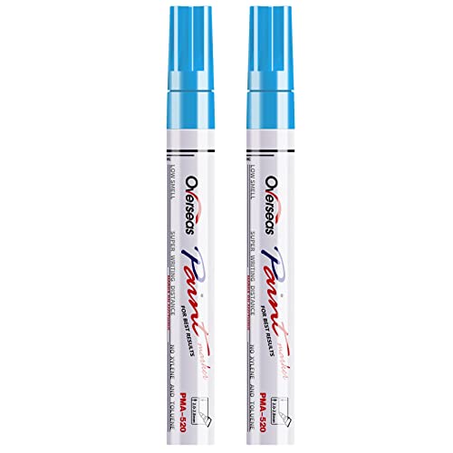 Overseas Permanent Paint Pens Light Blue Markers - 2 Pack Single color Oil Based Paint Markers, Medium Tip, Quick Drying and Waterproof Marker Pen for Metal, Rock Painting, Wood, Plastic, Canvas, Mugs - color: Light Blue