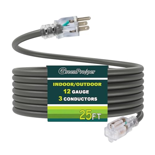 25 FT Grey Extension Cord with Lighted End, 12 AWG 3 Prong Indoor Outdoor Heavy Duty Waterproof Power Cable for Major Appliance, 12/3 SJTW UL Listed - color: Grey, size: 25 FT