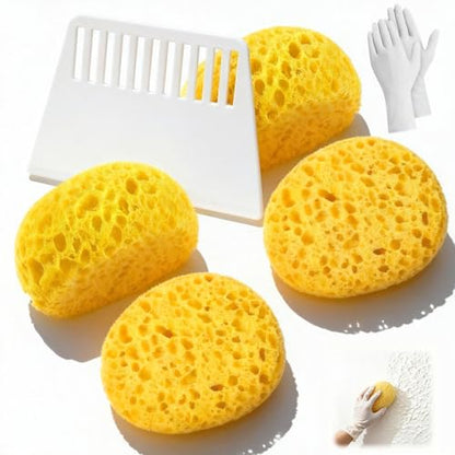 7-Piece Drywall Texture Repair Kit, 4 Knockdown Texture Sponges, 1 Scraper & 1 Pairs Gloves, for DIY Wall & Ceiling Patch, Matching Orange Peel & Splatter Texture