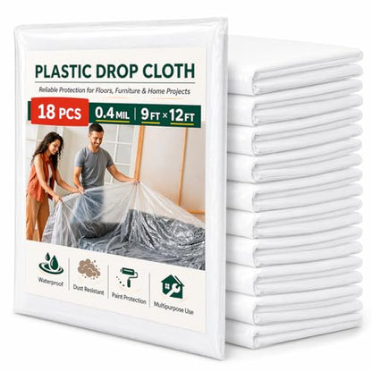 18 Pack Plastic Drop Cloths for Painting, 9 x 12 FT Clear Painters Plastic Sheeting, Disposable Drop Cloth for Floor, Furniture, Couch & Carpet Protection - color: 18 - Pack