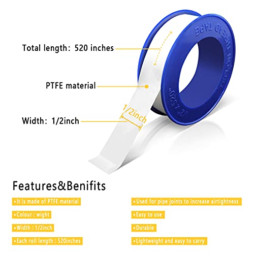 VOTMELL 8 Rolls 1/2 Inch(W) X 520 Inches(L) Teflon Plumbers Tape,Pipe Sealing & Plumbing Thread Tape,PTFE Water Sealant Seal for Shower Head,White