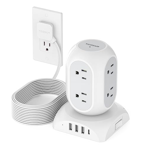 TESSAN Surge Protector Power Strip Tower, Flat Plug Extension Cord 10 Ft with 8 AC Multiple Outlets 4 USB Ports (1 USB C), 1050J Protection Desk Charging Station for Home, Office, Dorm Room, Gray - color: Grey