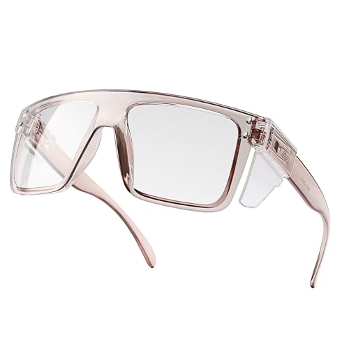 ANSI Z87 Safety Glasses, Photochromic UV400 Blue Light Blocking, Impact Resistant Work Glasses for Construction - color: Clear Champagne
