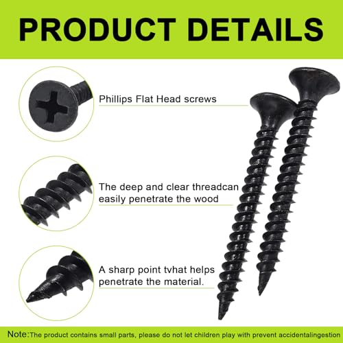 #6 x3/4" Black Wood Screws -100Pcs, Phillips Head Fast Flat Self-Tapping Screw, Coarse Thread Drywall Screws, Carbon Steel, for Wood Plastic&Drywall - color: #6 x 3/4" -100 Pcs